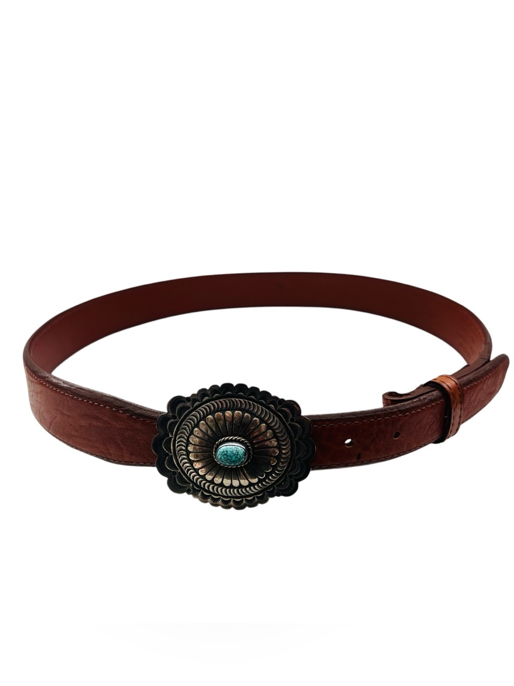 Vintage Teme Turquoise Buckle & Brown Leather Handmade Belt